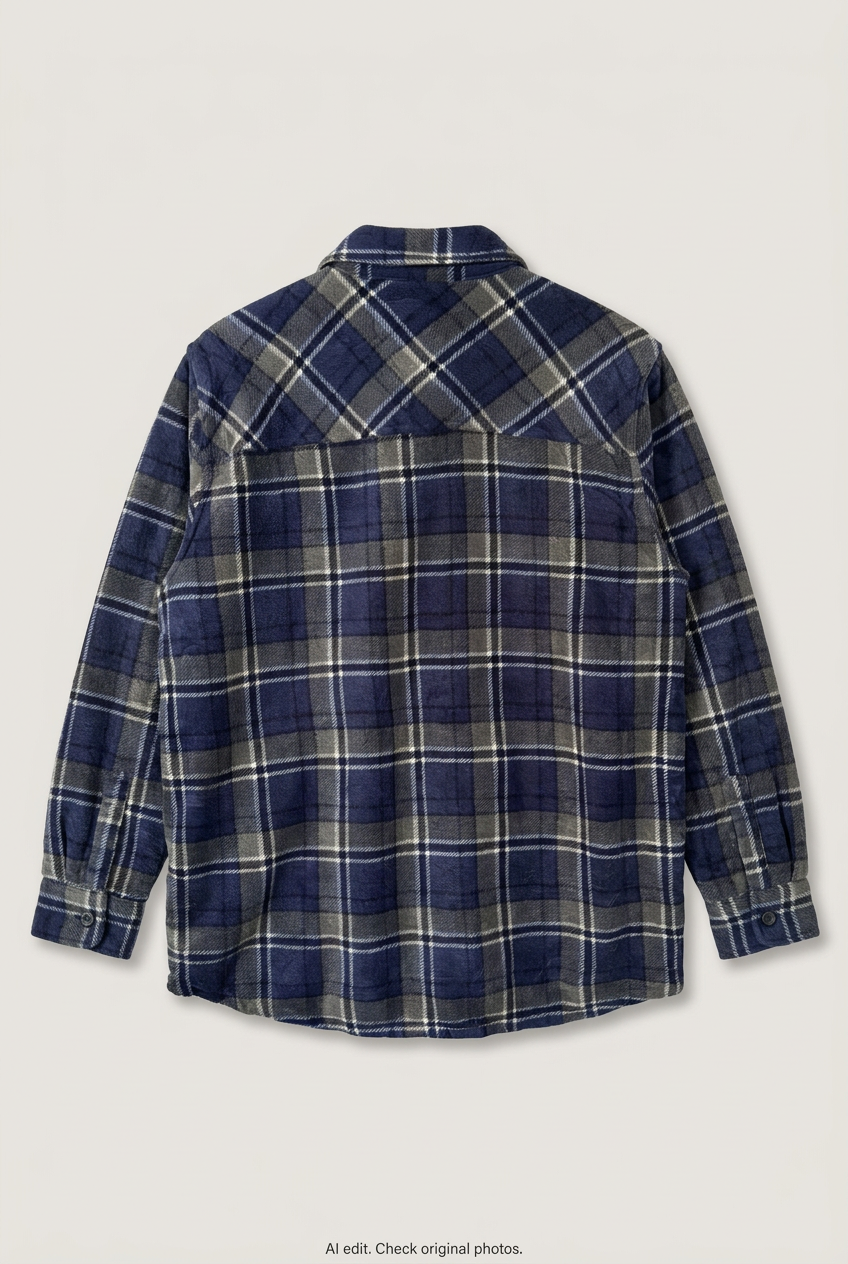 Back product view of navy plaid sherpa-lined shacket, flat lay