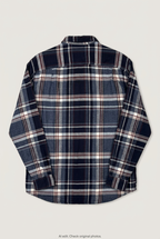 Back product view of navy plaid shirt, flat lay