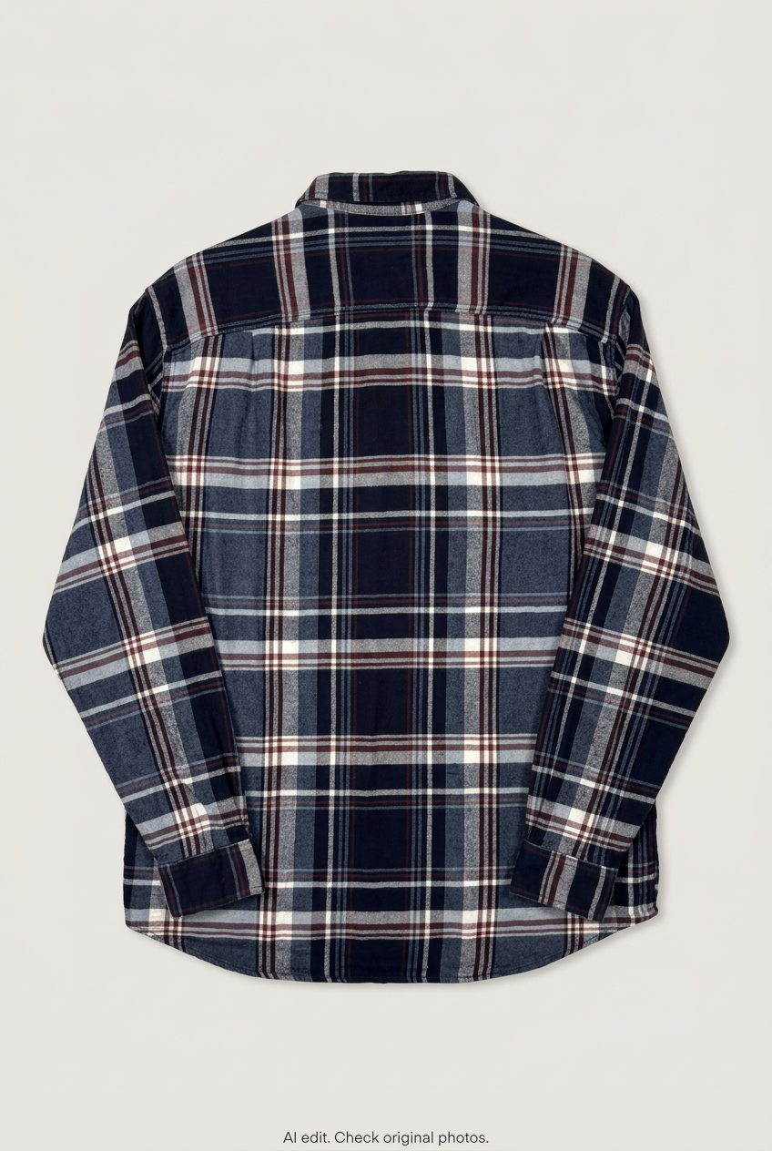 Back product view of navy plaid shirt, flat lay