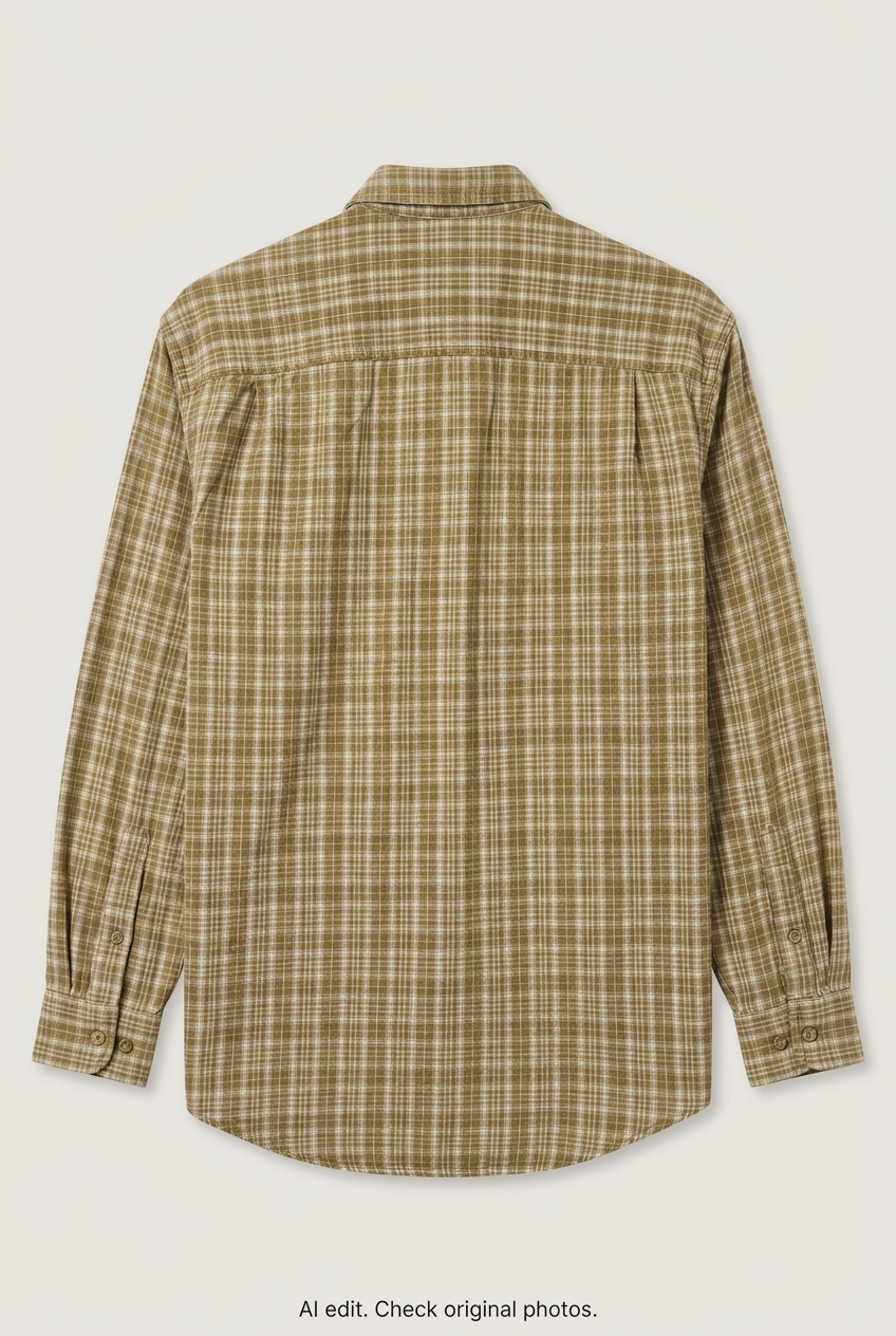 Back product view of olive-brown checked shirt, flat lay