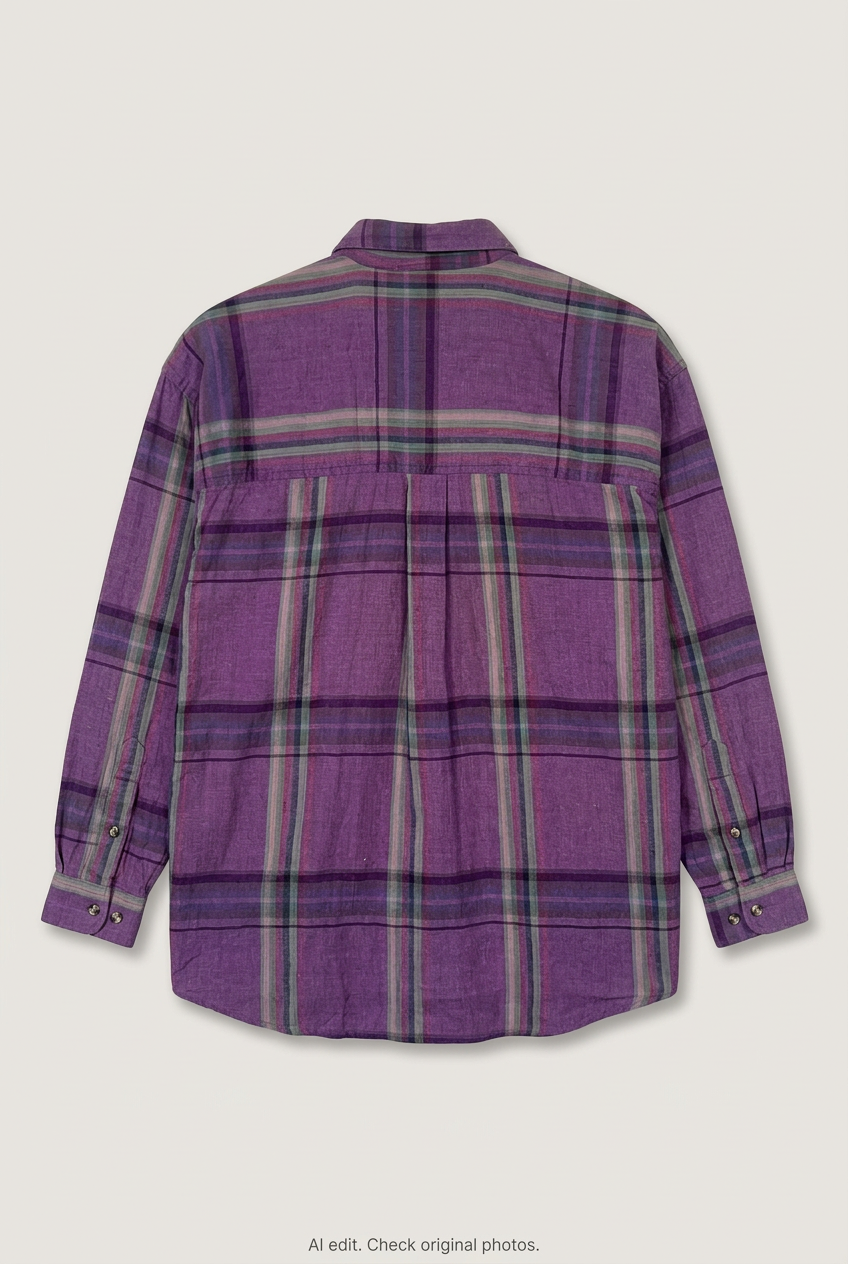 Back product view of purple plaid shirt, flat lay