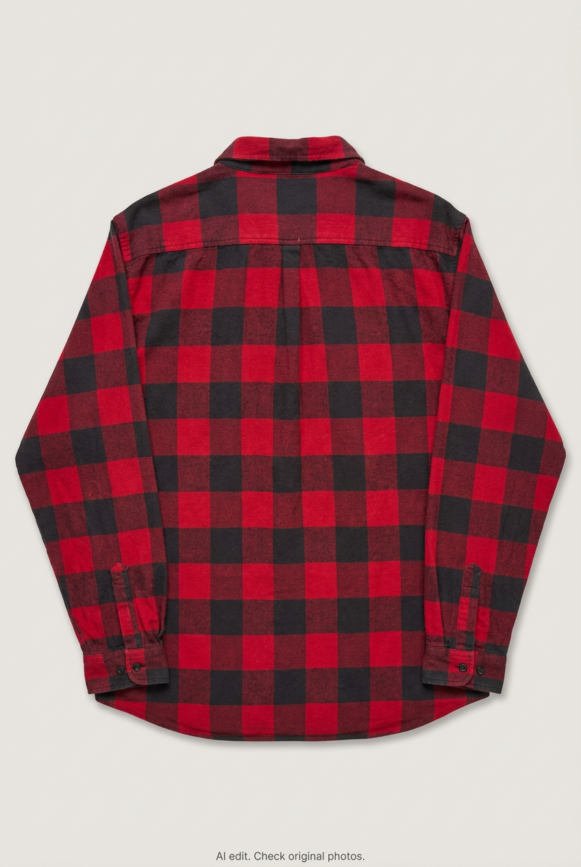 Back product view of red and black buffalo check flannel shirt, flat lay