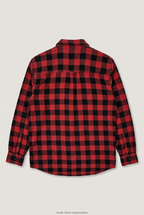 Back product view of red and black check flannel shirt, flat lay