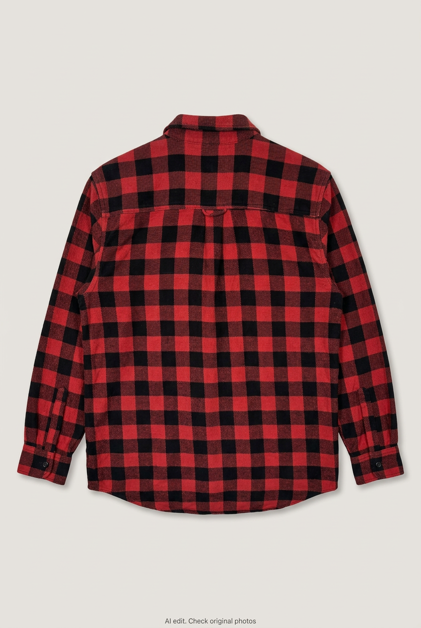 Back product view of red and black check flannel shirt, flat lay