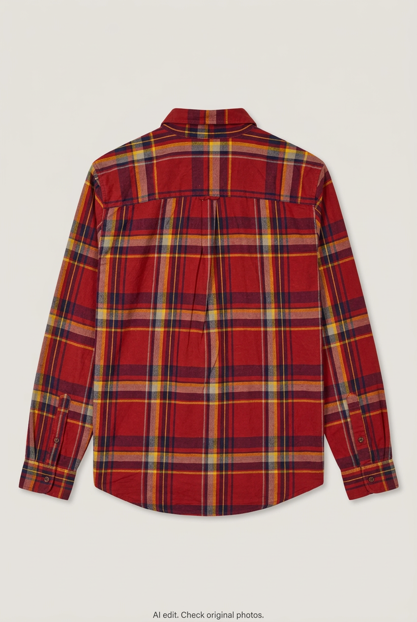 Back product view of red tartan shirt, flat lay