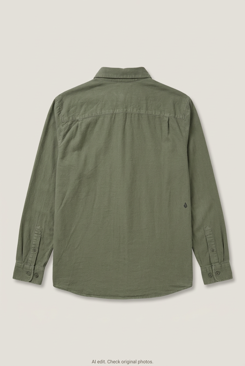 Back product view of sage green Volcom shirt, flat lay