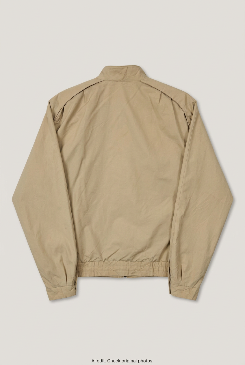 Back product view of tan Harrington jacket, flat lay