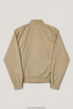 Back product view of tan Harrington jacket, flat lay