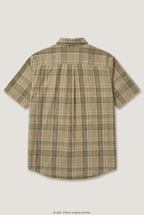 Back product view of tan plaid short-sleeve shirt, flat lay