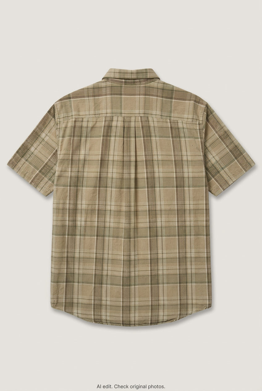 Back product view of tan plaid short-sleeve shirt, flat lay