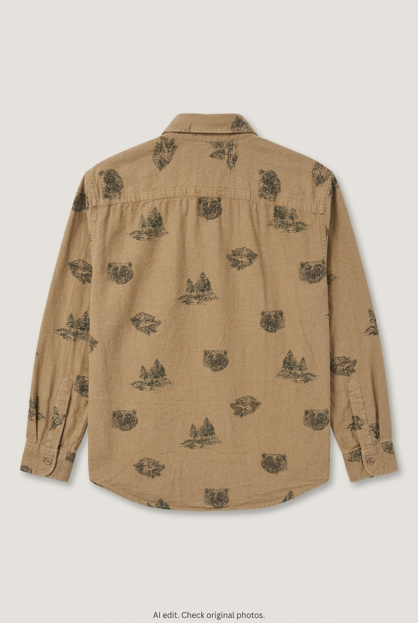 Back product view of tan printed shirt, flat lay