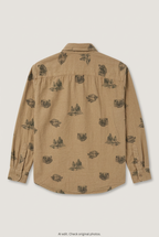 Back product view of tan printed shirt, flat lay