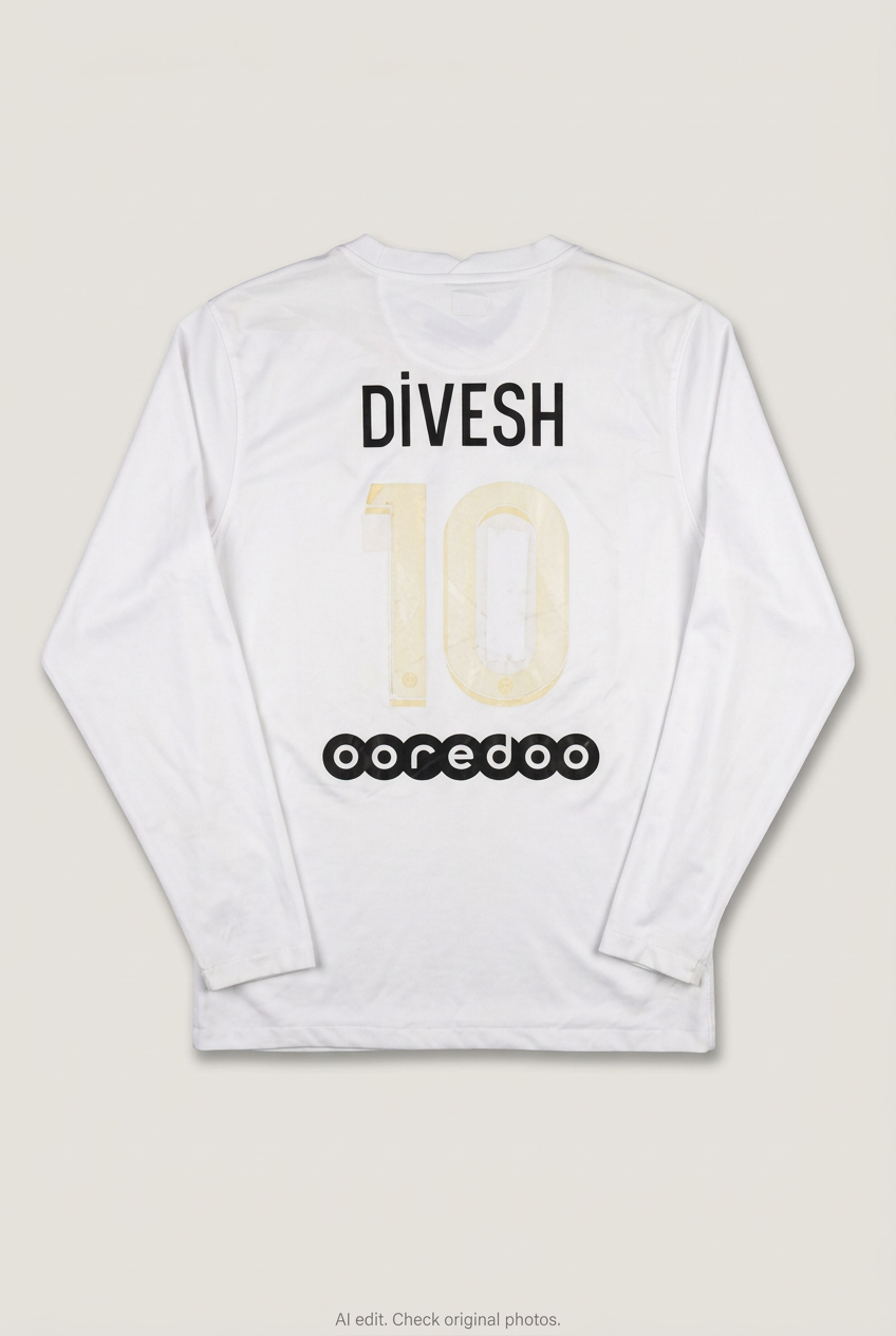 Back product view of white PSG long-sleeve jersey, flat lay