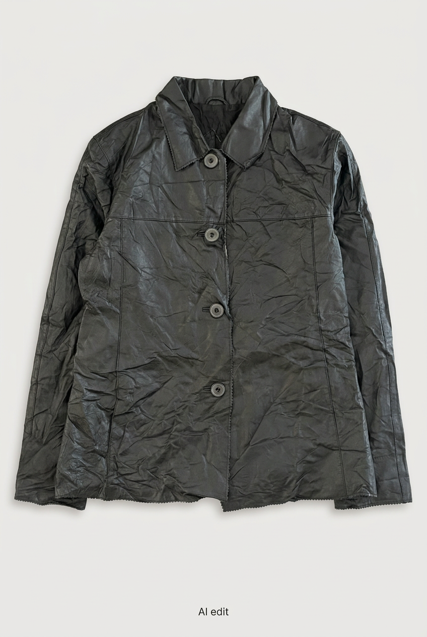 Black four-button leather jacket front preview