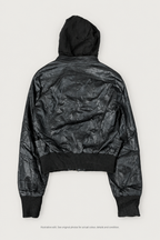 Black hooded jacket styled back