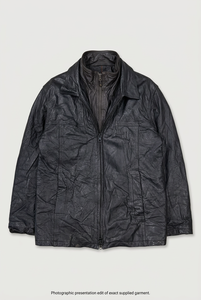 Black layered-collar leather jacket front preview