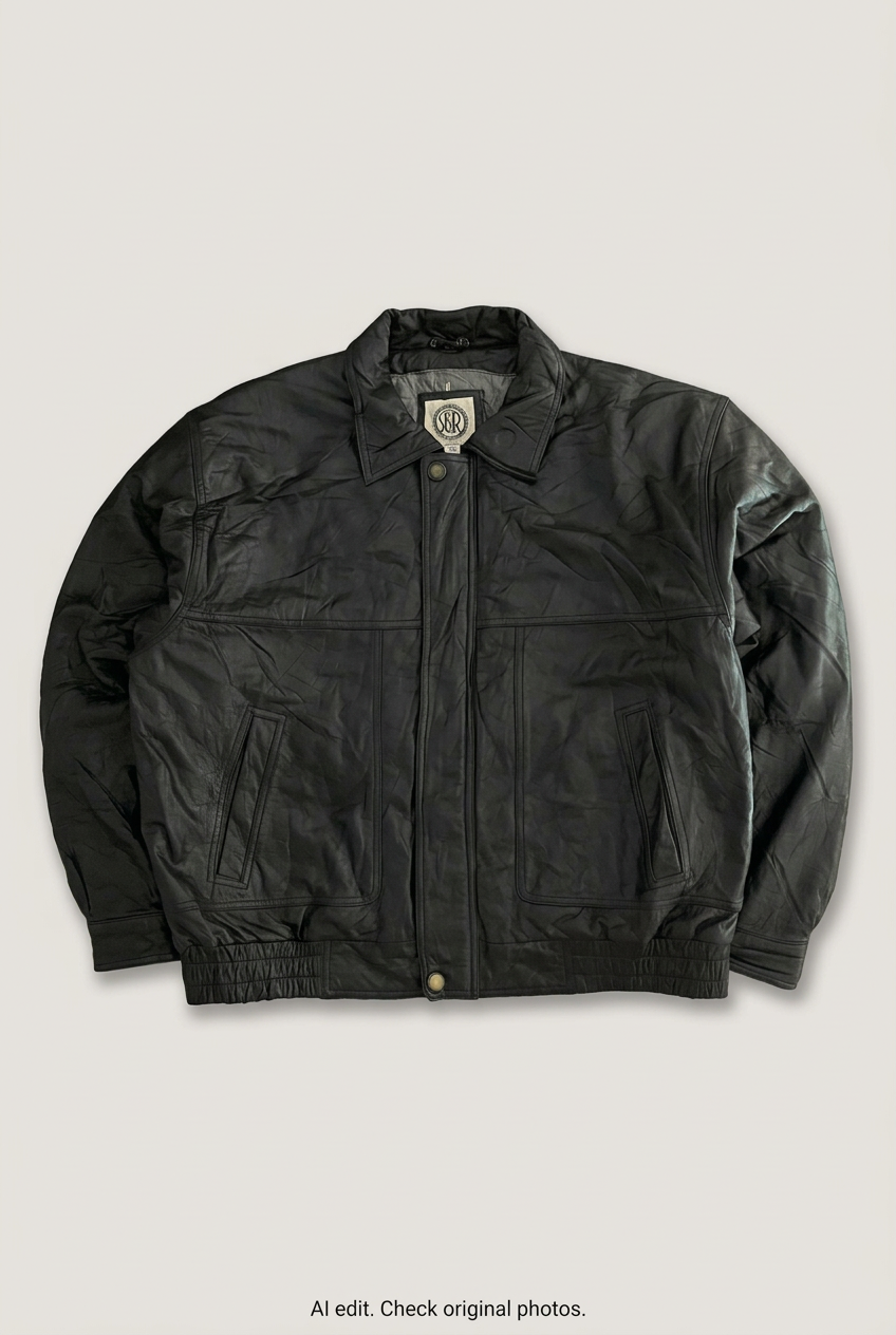 Black leather bomber jacket front preview