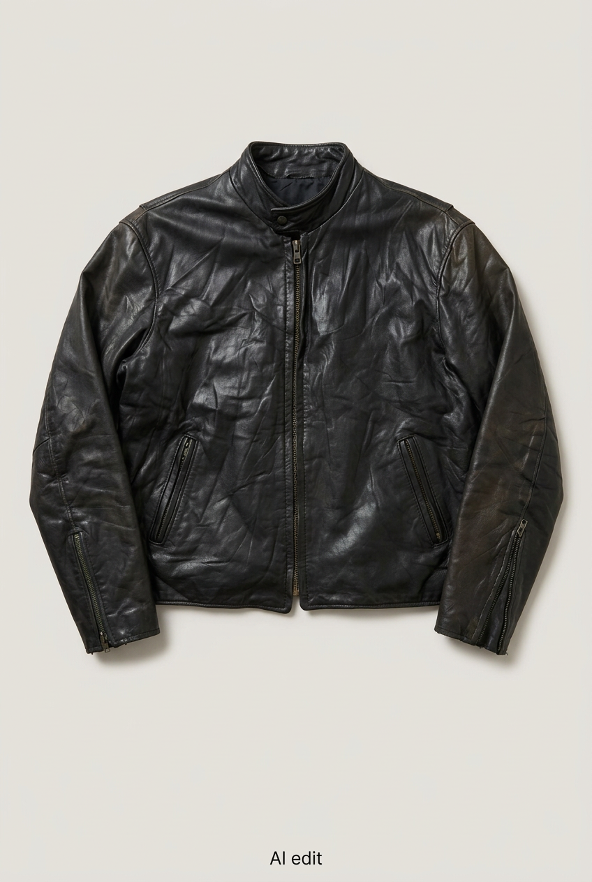 Black leather cafe-racer jacket front preview