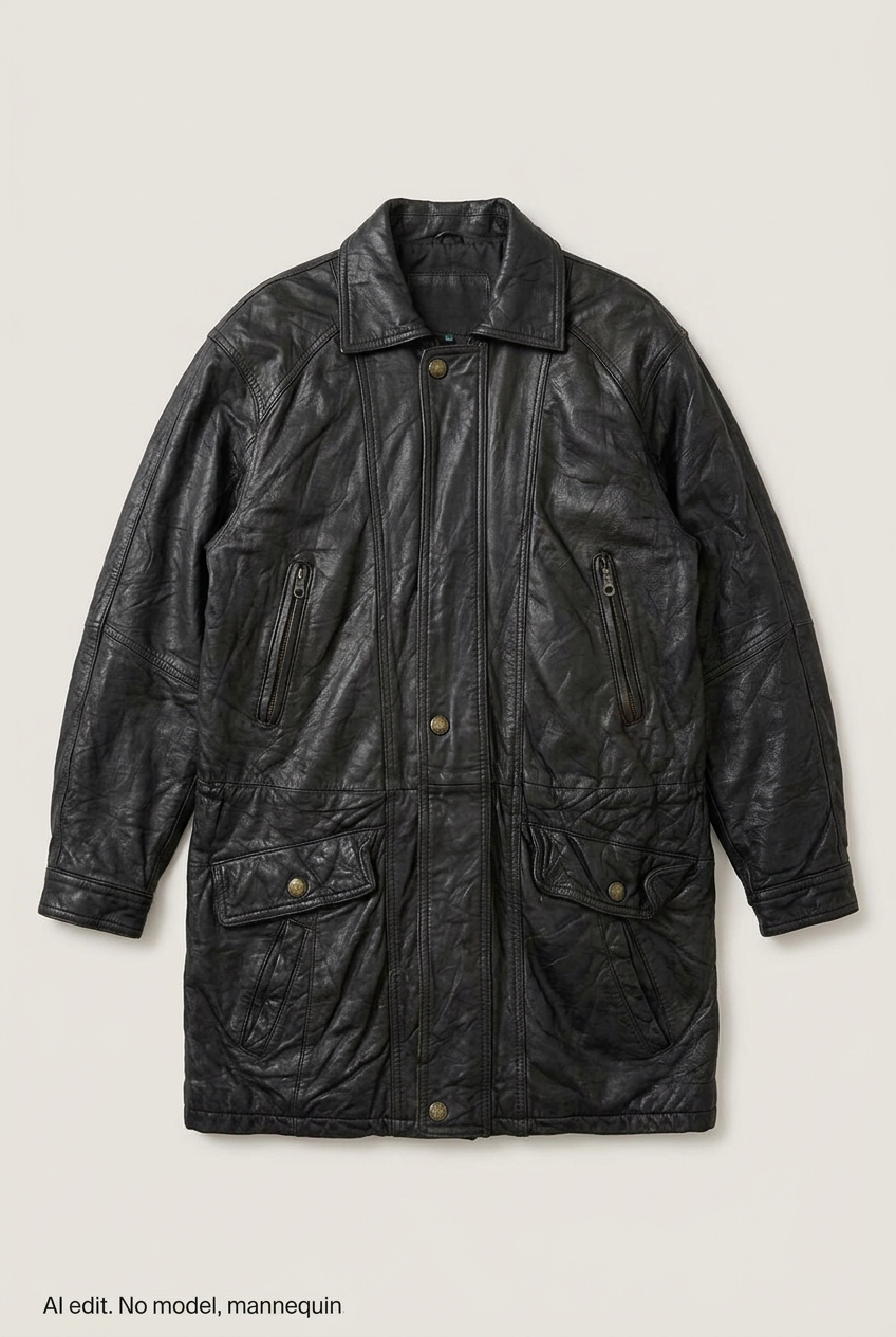 Black leather coat front preview