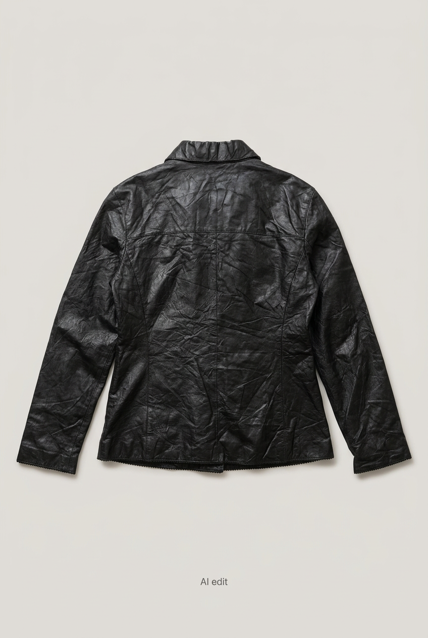 Black scalloped-edge leather jacket back preview
