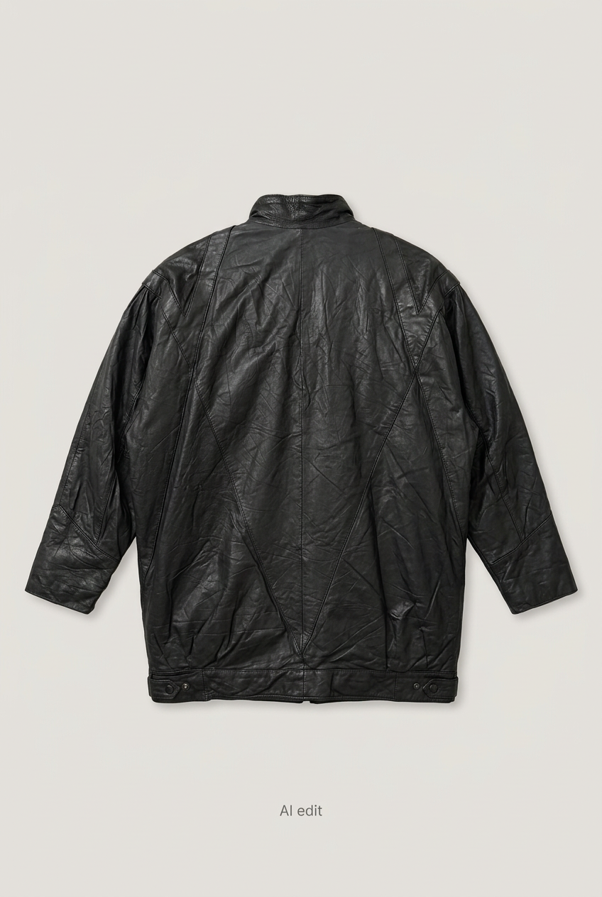 Black stand-collar leather jacket back preview
