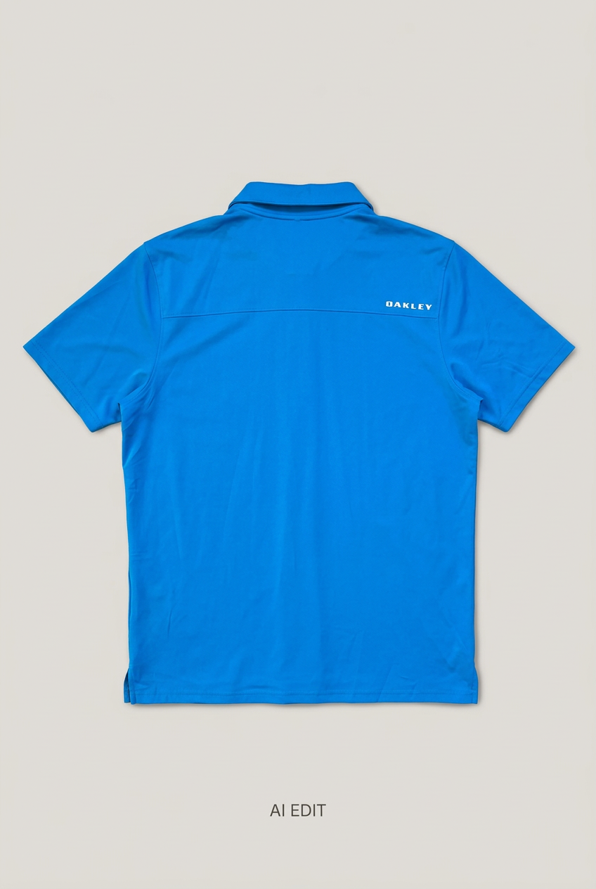 Blue Oakley polo back with sleeves laid flat