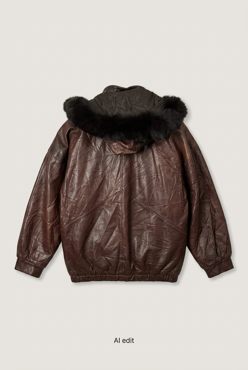 Brown hooded leather jacket back preview
