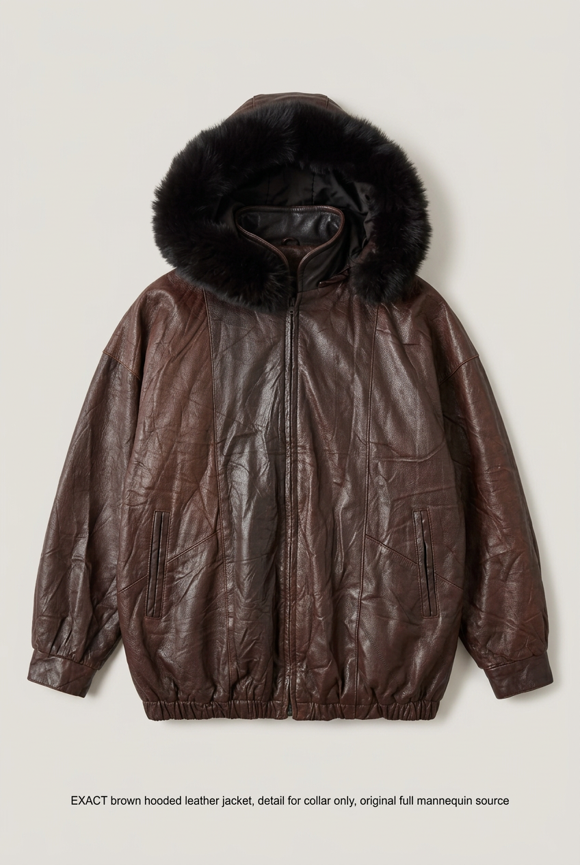 Brown hooded leather jacket front preview