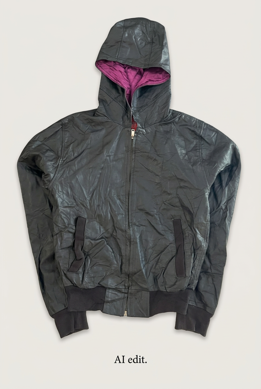 Cropped hooded leather jacket front preview