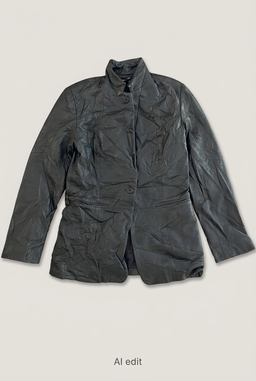 DKNY black leather jacket front preview
