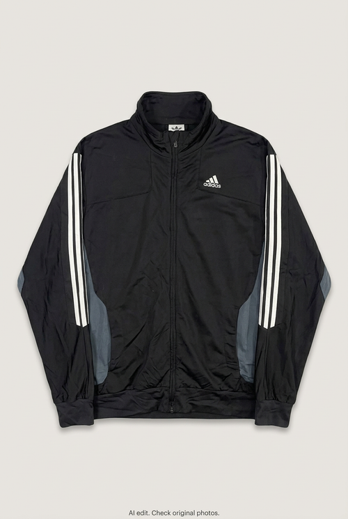 Front product view of black Adidas track jacket, flat lay