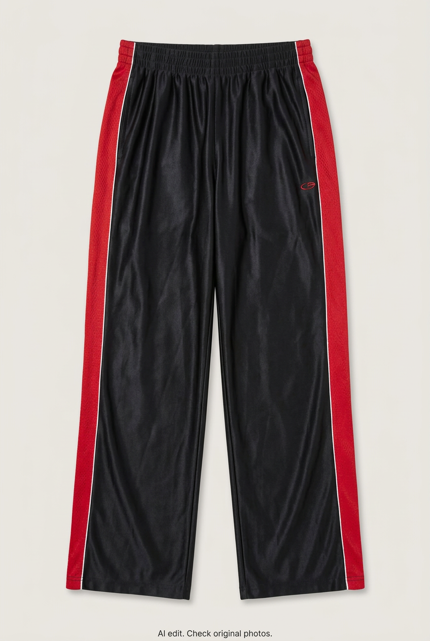 Front product view of black and red C9 track pants, flat lay