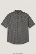 Front product view of black and white gingham short-sleeve shirt, flat lay