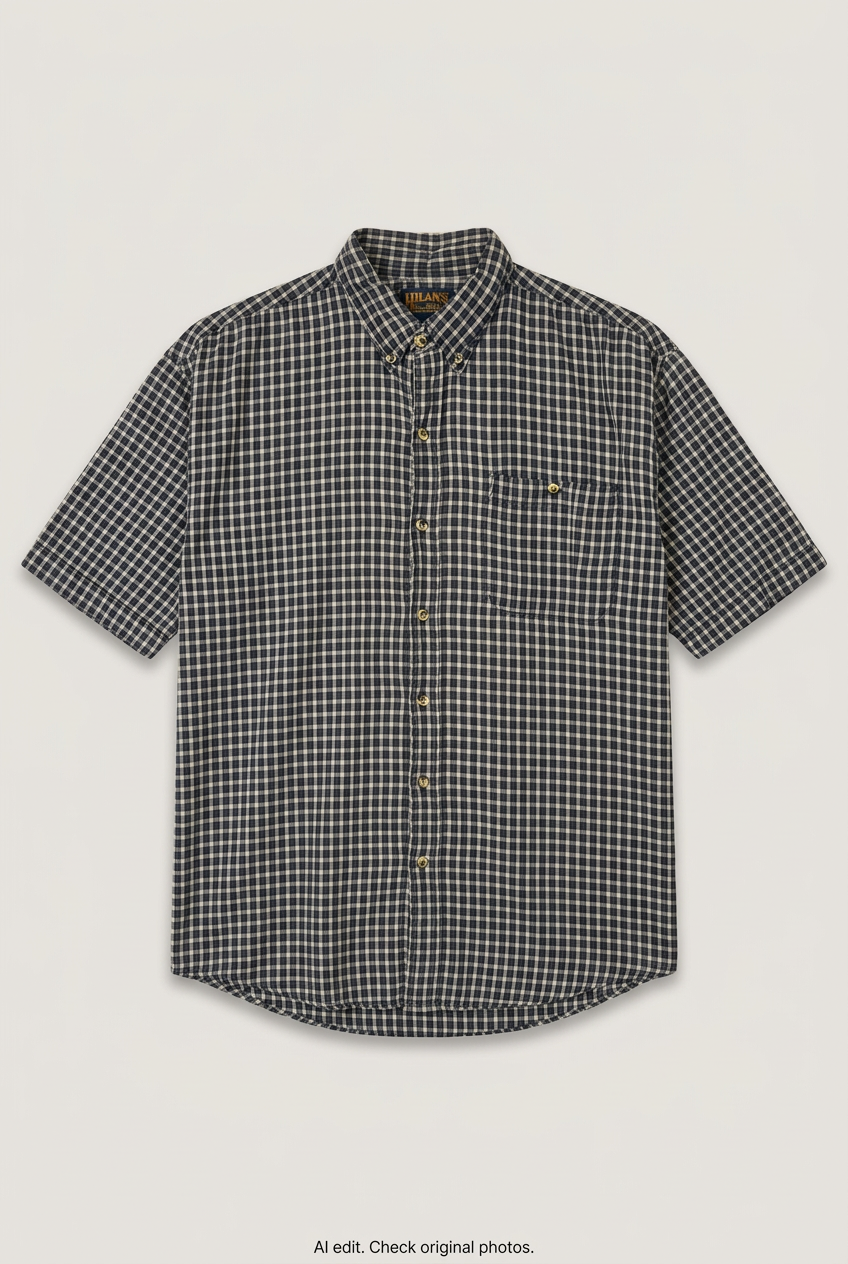 Front product view of black and white gingham short-sleeve shirt, flat lay