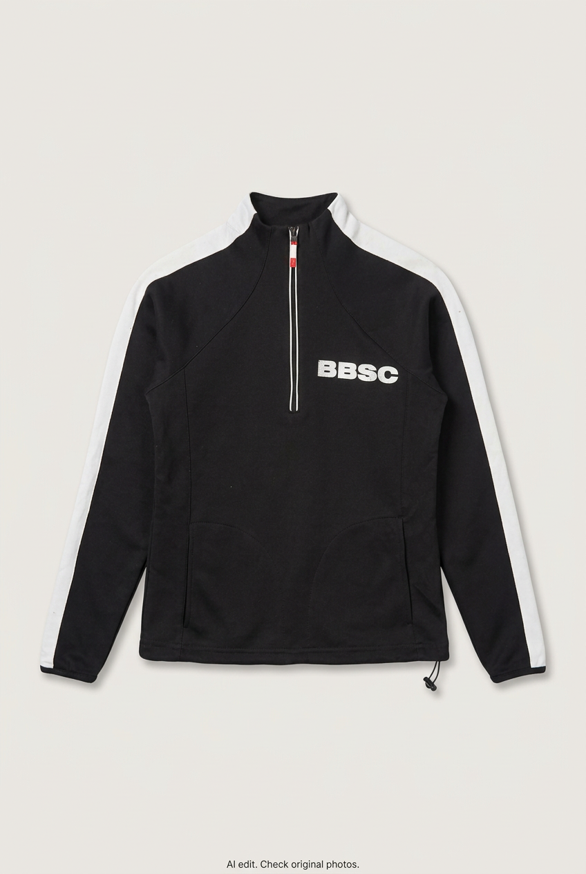 Front product view of black BBSC quarter-zip pullover, flat lay