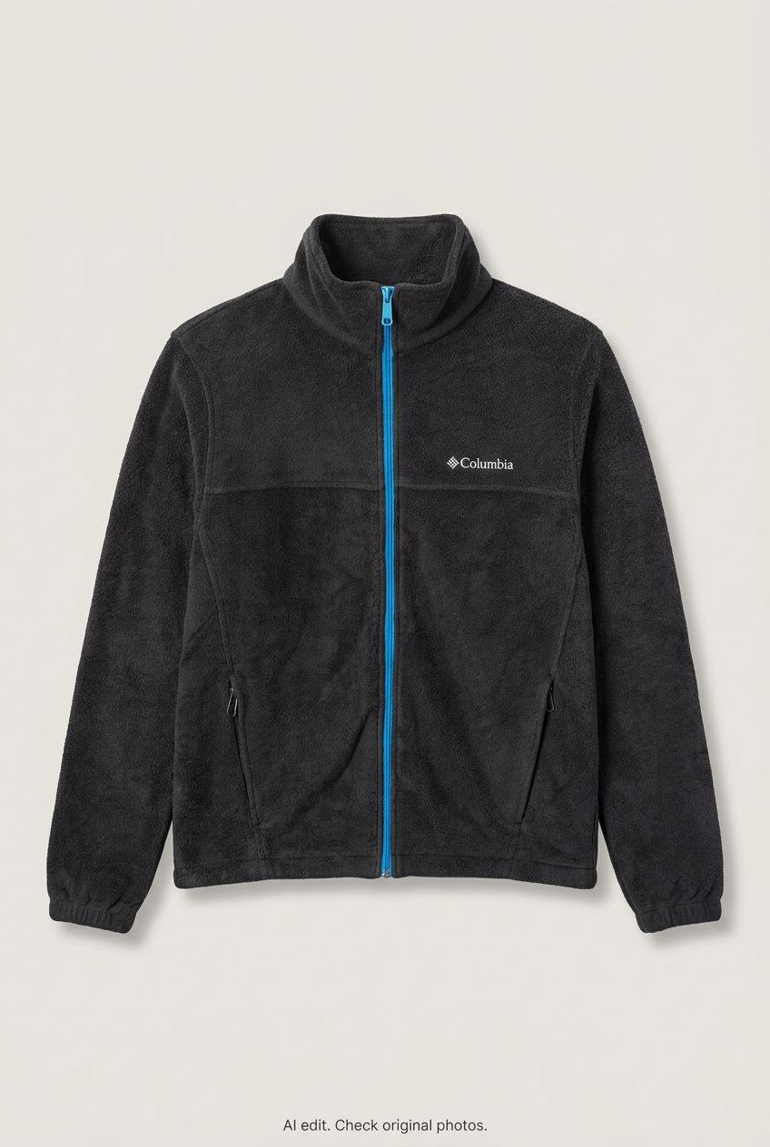 Front product view of black Columbia fleece jacket, flat lay