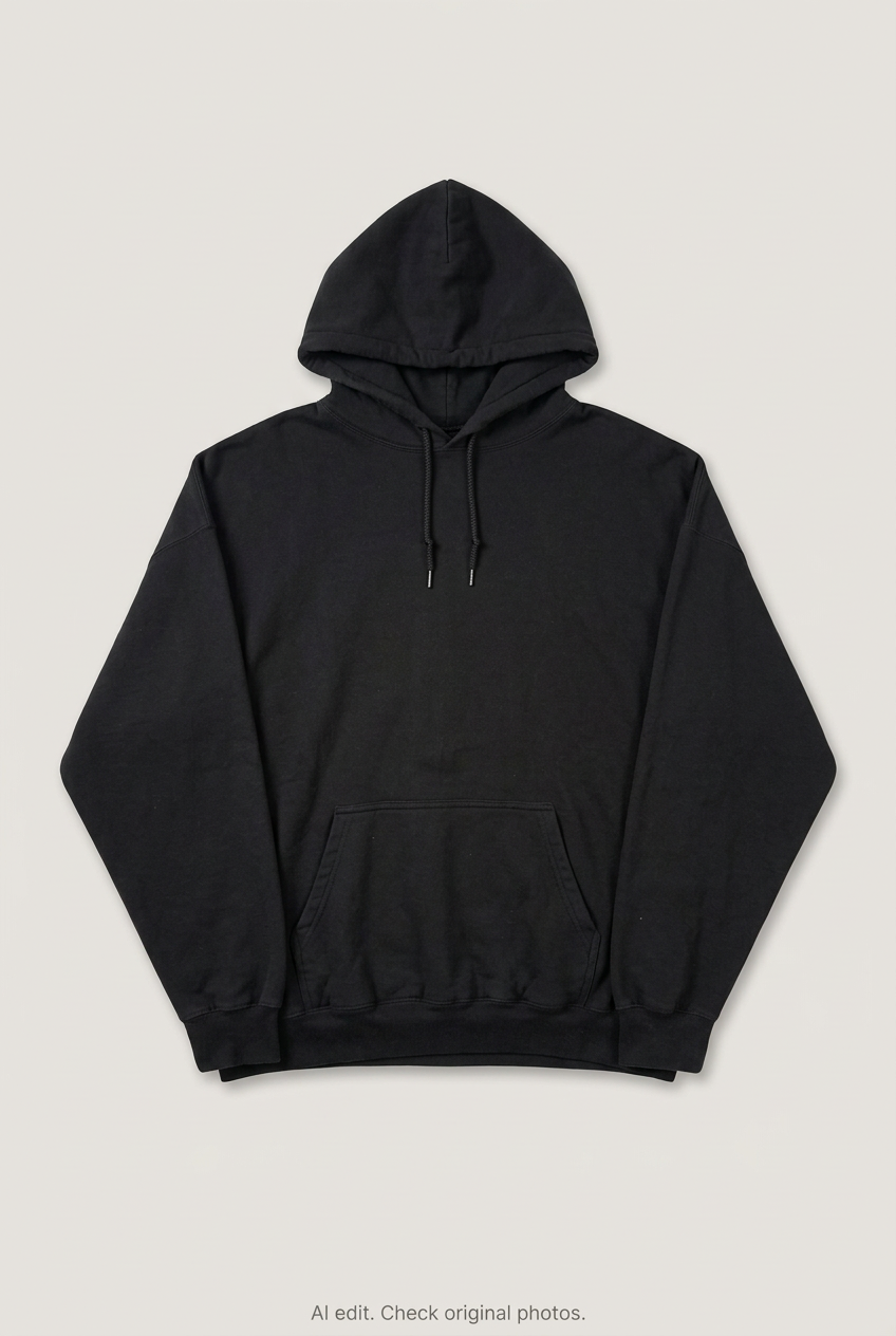Front product view of black hoodie, flat lay