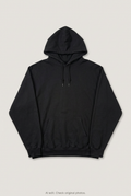 Front product view of black hoodie, flat lay
