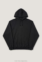 Front product view of black hoodie, flat lay