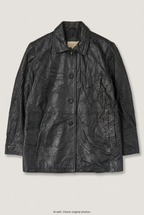 Front product view of black leather coat, flat lay