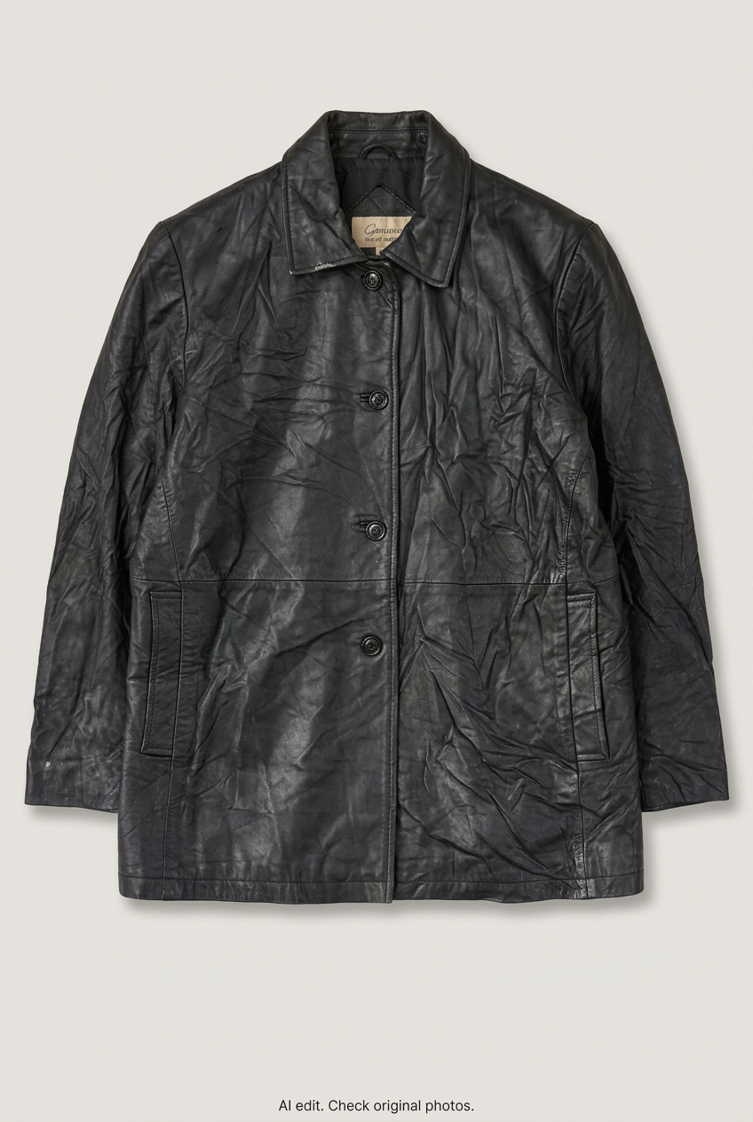 Front product view of black leather coat, flat lay