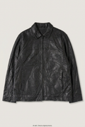 Front product view of black leather jacket, flat lay
