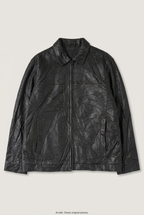 Front product view of black leather jacket, flat lay