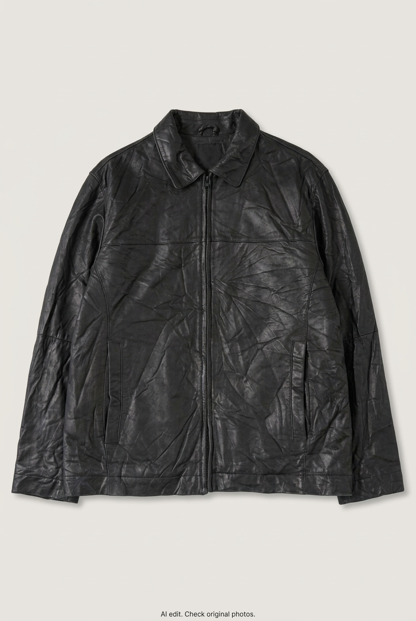 Front product view of black leather jacket, flat lay