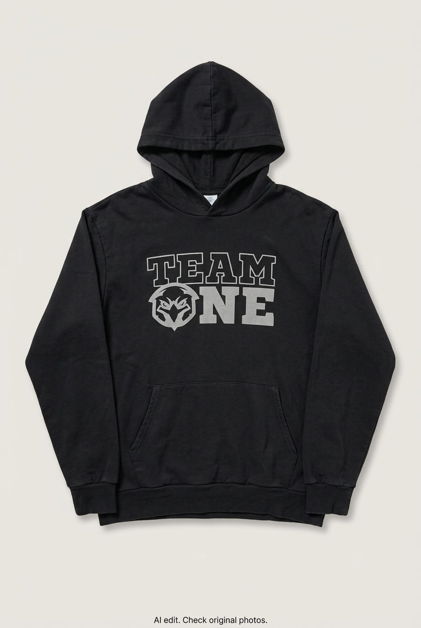 Front product view of black Team One hoodie, flat lay