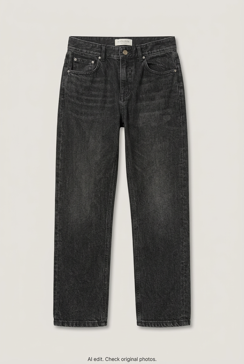 Front product view of black washed jeans, flat lay