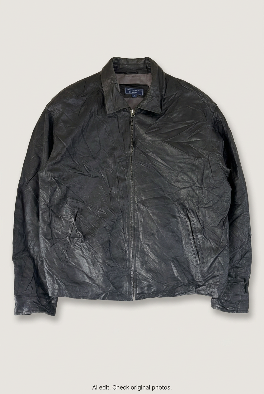 Front product view of black zip-up leather jacket, flat lay