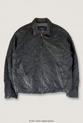 Front product view of black zip-up leather jacket, flat lay