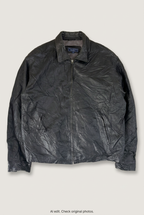 Front product view of black zip-up leather jacket, flat lay