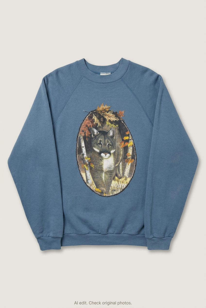 Front product view of blue mountain lion sweatshirt, flat lay